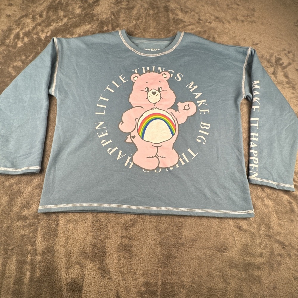 Care Bears Sweater L Little Things Make Big Things Happen Blue Pullover Cropped